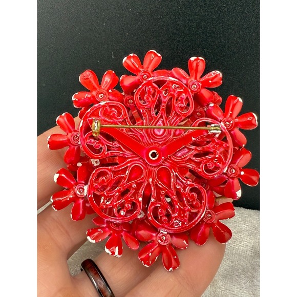 Vintage Red Enamel  Brooch Rhinestone Flower Dome - Picture 5 of 7
